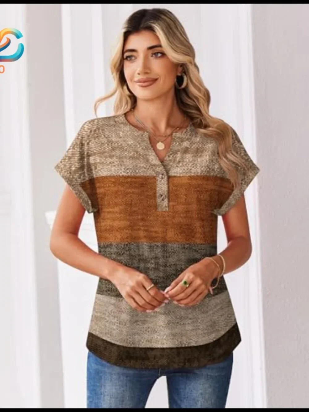 Short Sleeve V-Neck Blouse, Stretch Polyester, Work Casual Summer Top - Picture 4 of 7